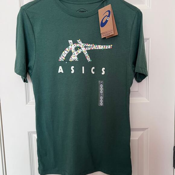Asics Holiday Lights Logo Crew Neck Green T-Shirt, Men's Size XS - Picture 1 of 6